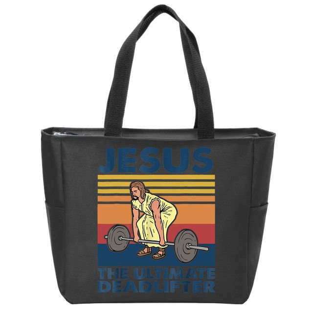Jesus The Ultimate Deadlifter Funny Vintage Gym Christian Zip Tote Bag