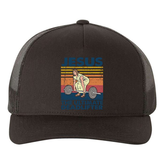 Jesus The Ultimate Deadlifter Funny Vintage Gym Christian Yupoong Adult 5-Panel Trucker Hat