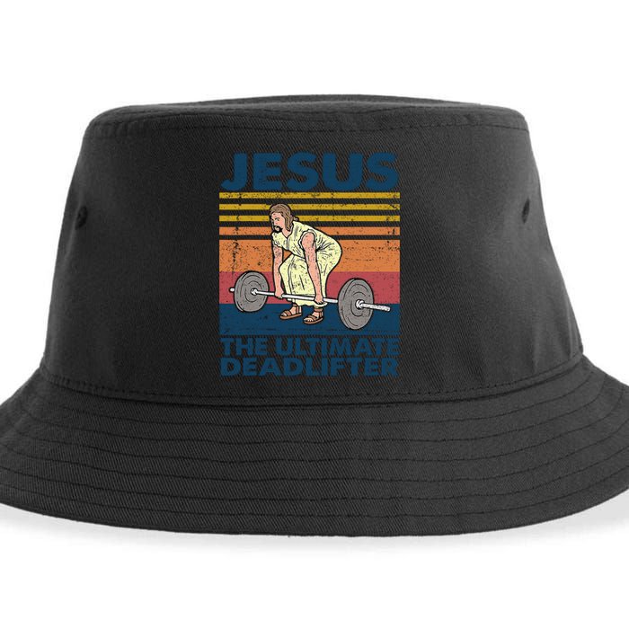 Jesus The Ultimate Deadlifter Funny Vintage Gym Christian Sustainable Bucket Hat