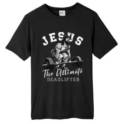 Jesus The Ultimate Deadlifter Funny Christian Workout Gym Tall Fusion ChromaSoft Performance T-Shirt