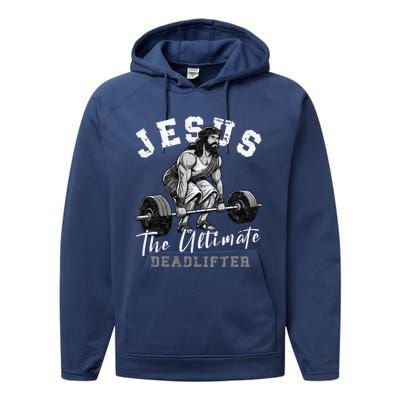 Jesus The Ultimate Deadlifter Funny Christian Workout Gym Performance Fleece Hoodie