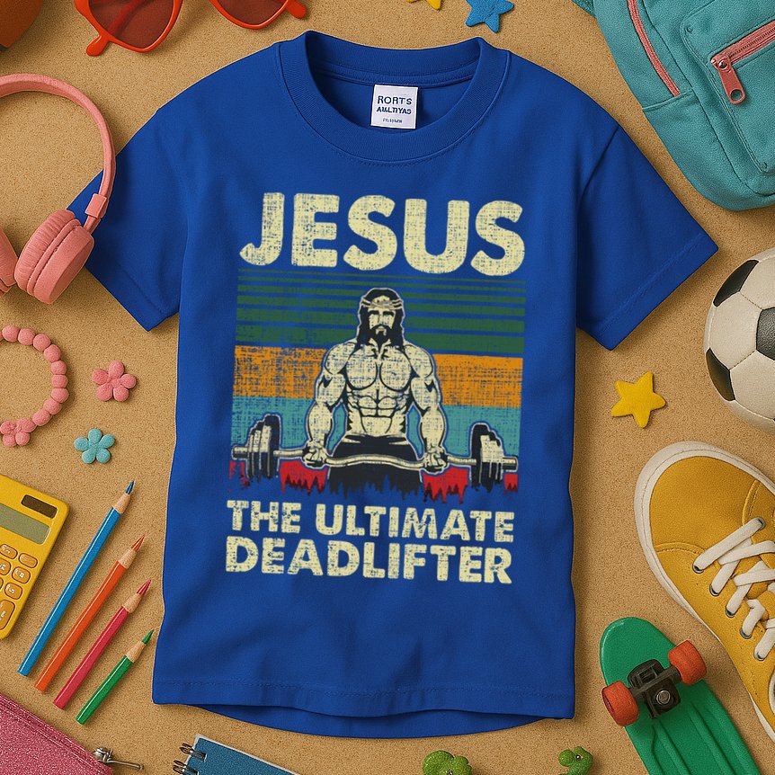 Jesus The Ultimate Deadlifter Funny Christian Workout Jesus Gift Kids T-Shirt