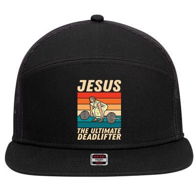 Jesus The Ultimate Deadlifter Funny Vintage Gym Christian Gift 7 Panel Mesh Trucker Snapback Hat