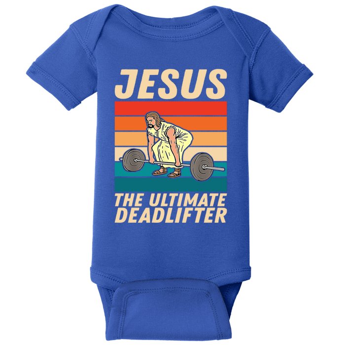 Jesus The Ultimate Deadlifter Funny Vintage Gym Christian Gift Baby Bodysuit