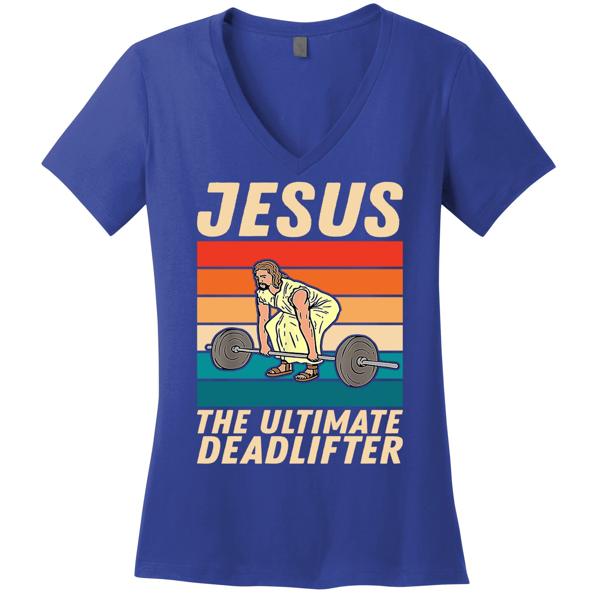 Jesus The Ultimate Deadlifter Funny Vintage Gym Christian Gift Women's V-Neck T-Shirt