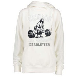 Jesus The Ultimate Deadlifter Funny Christian Gym Christmas Womens Funnel Neck Pullover Hood