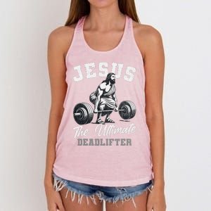 Jesus The Ultimate Deadlifter Funny Christian Gym Christmas Women's Knotted Racerback Tank