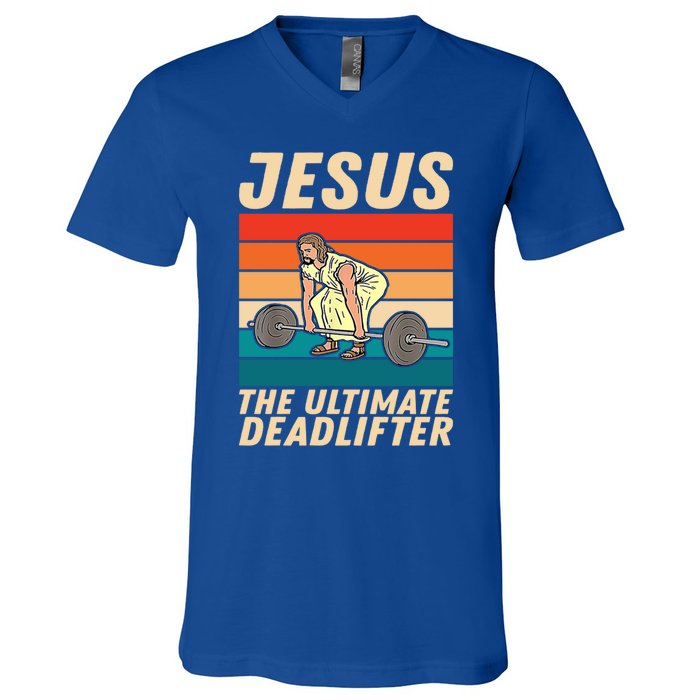 Jesus The Ultimate Deadlifter Funny Vintage Gym Christian Cool Gift V-Neck T-Shirt