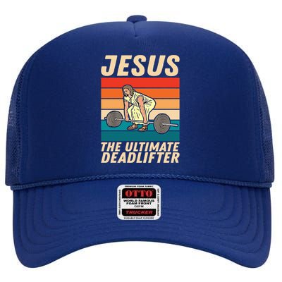 Jesus The Ultimate Deadlifter Funny Vintage Gym Christian Cool Gift High Crown Mesh Back Trucker Hat