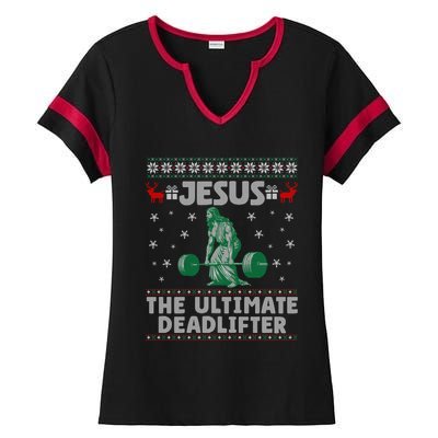 Jesus The Ultimate Deadlifter Christmas Ugly Sweater Cool Gift Ladies Halftime Notch Neck Tee