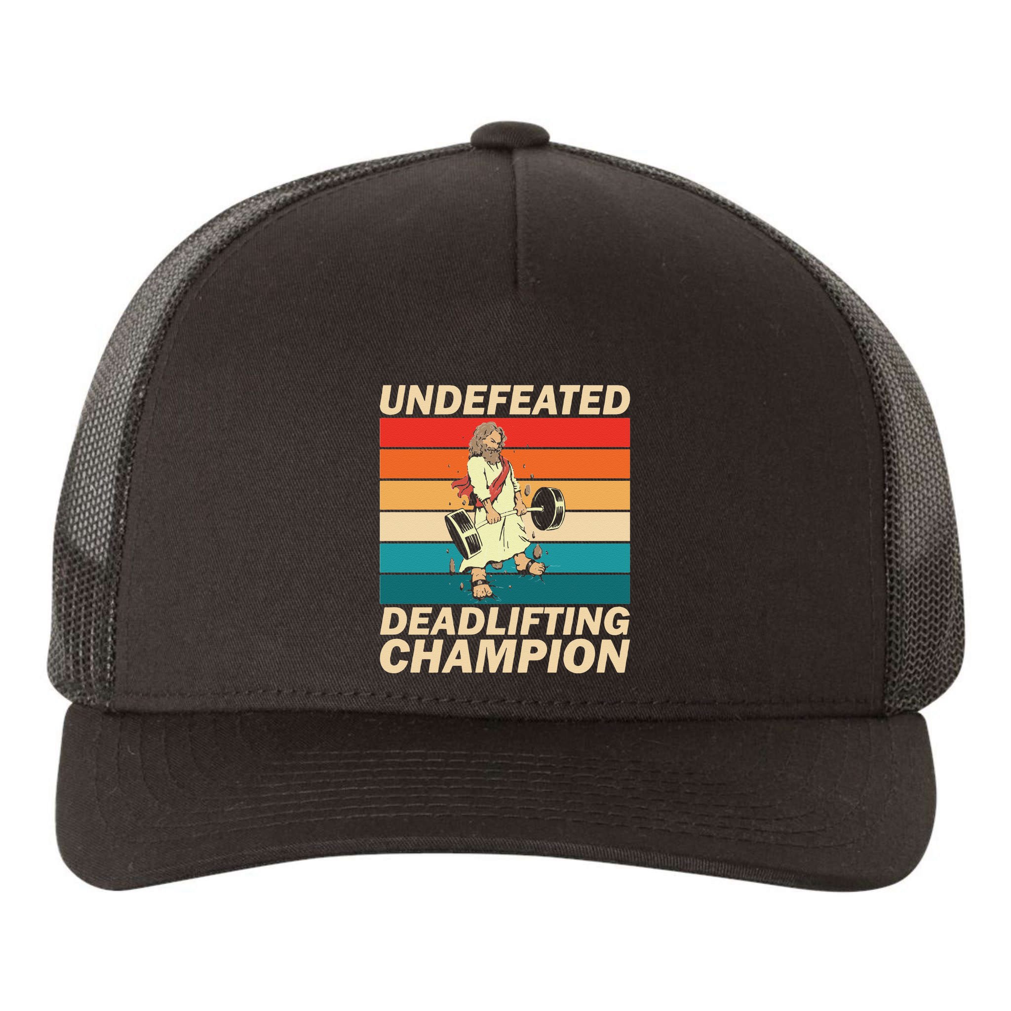 Jesus The Ultimate Deadlifter Funny Vintage Gym Christian Yupoong Adult 5-Panel Trucker Hat