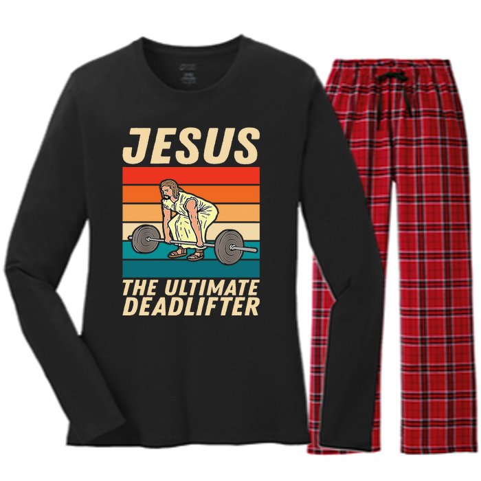 Jesus The Ultimate Deadlifter Funny Vintage Gym Christian Sweat Women's Long Sleeve Flannel Pajama Set 