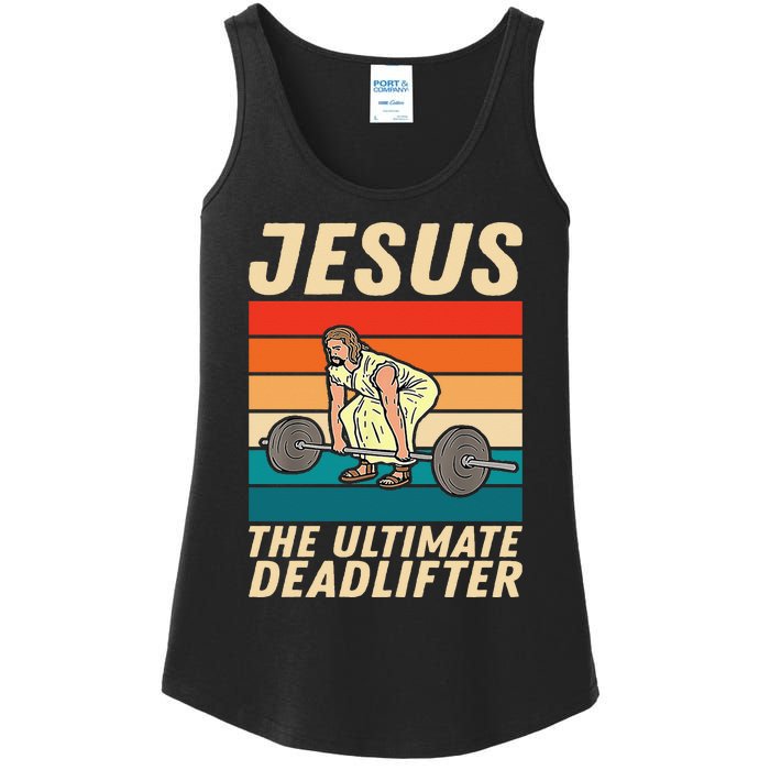 Jesus The Ultimate Deadlifter Funny Vintage Gym Christian Sweat Ladies Essential Tank