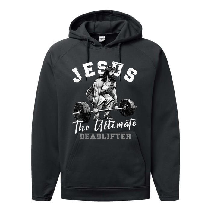 Jesus The Ultimate Deadlifter Funny Christian Workout Gym Performance Fleece Hoodie