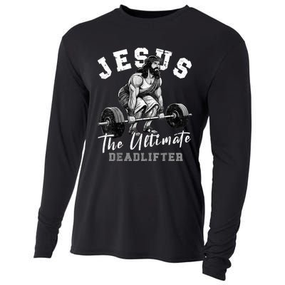 Jesus The Ultimate Deadlifter Funny Christian Workout Gym Cooling Performance Long Sleeve Crew