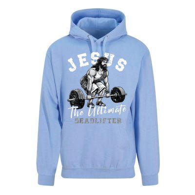 Jesus The Ultimate Deadlifter Funny Christian Workout Gym Unisex Surf Hoodie