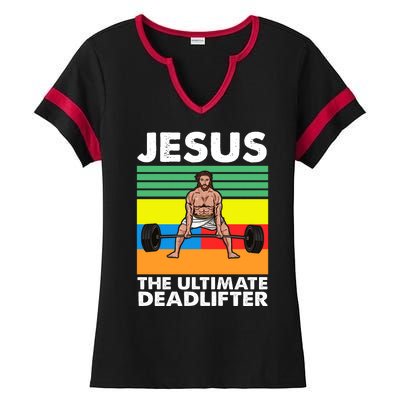 Jesus The Ultimate Deadlifter Fitness Humor Ladies Halftime Notch Neck Tee