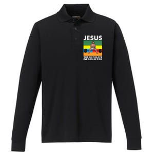 Jesus The Ultimate Deadlifter Fitness Humor Performance Long Sleeve Polo