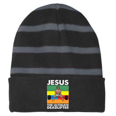 Jesus The Ultimate Deadlifter Fitness Humor Striped Beanie with Solid Band