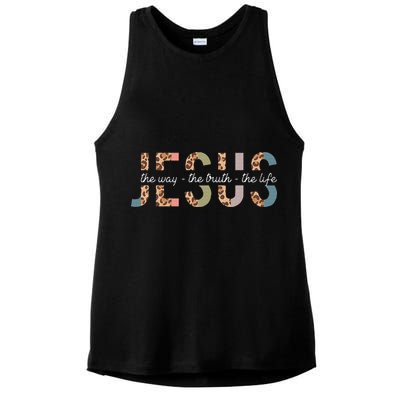 Jesus The Way The Truth The Life Leopard Christian Ladies PosiCharge Tri-Blend Wicking Tank