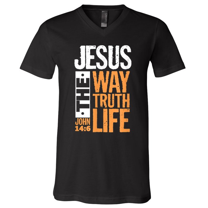 Jesus The Way Truth Life John 14:6 Christian Bible Verse V-Neck T-Shirt