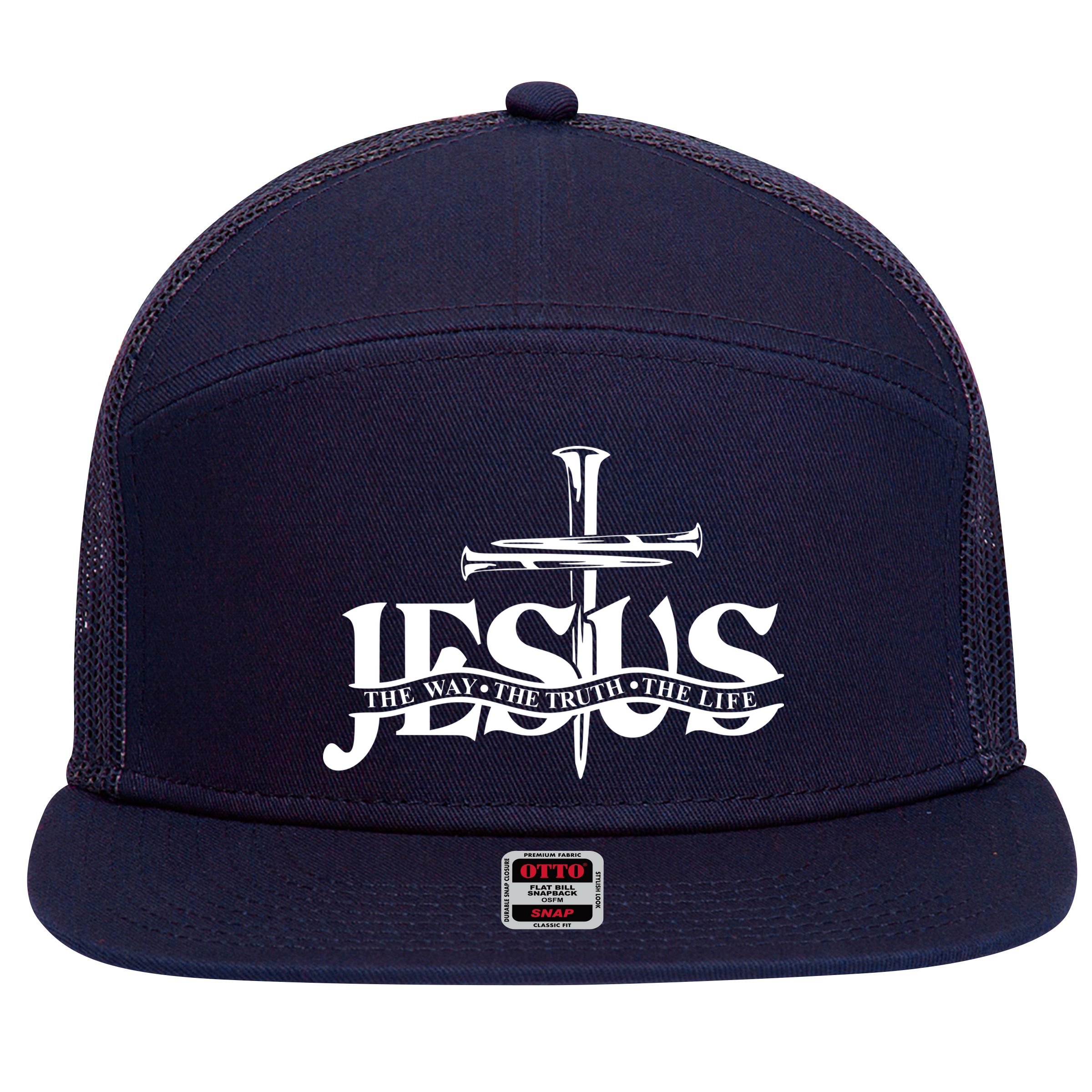 Jesus The Way The Truth The Life With 3 Nails Logo 7 Panel Mesh Trucker Snapback Hat