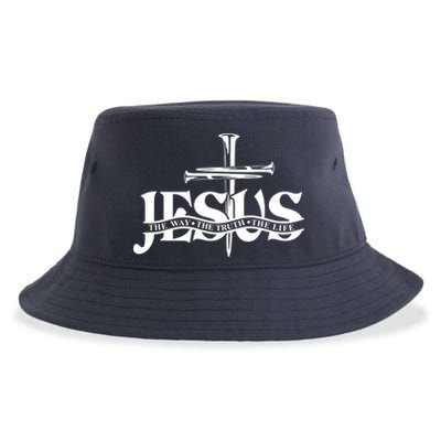 Jesus The Way The Truth The Life With 3 Nails Logo Sustainable Bucket Hat