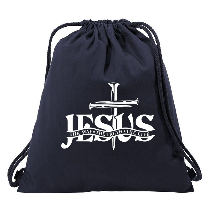 Jesus The Way The Truth The Life With 3 Nails Logo Drawstring Bag