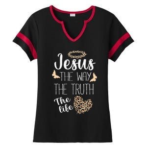 Jesus The Way Truth Life Women Christian Leopard Ladies Halftime Notch Neck Tee