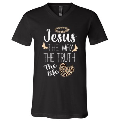 Jesus The Way Truth Life Women Christian Leopard V-Neck T-Shirt