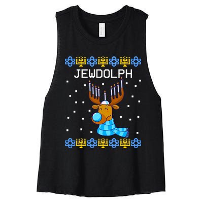 Jewdolph Ugly Hanukkah Sweater Reindeerorah Chanukah Women's Racerback Cropped Tank