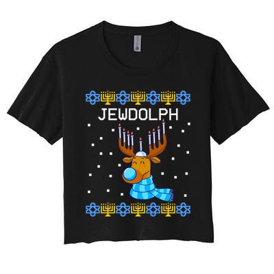 Jewdolph Ugly Hanukkah Sweater Reindeerorah Chanukah Women's Crop Top Tee