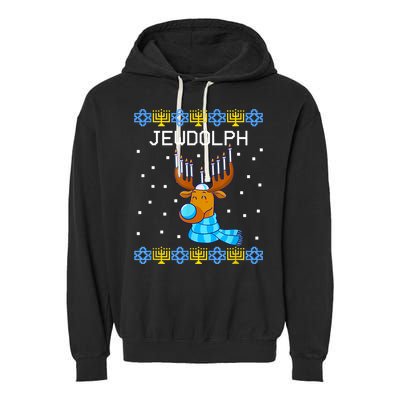 Jewdolph Ugly Hanukkah Sweater Reindeerorah Chanukah Garment-Dyed Fleece Hoodie