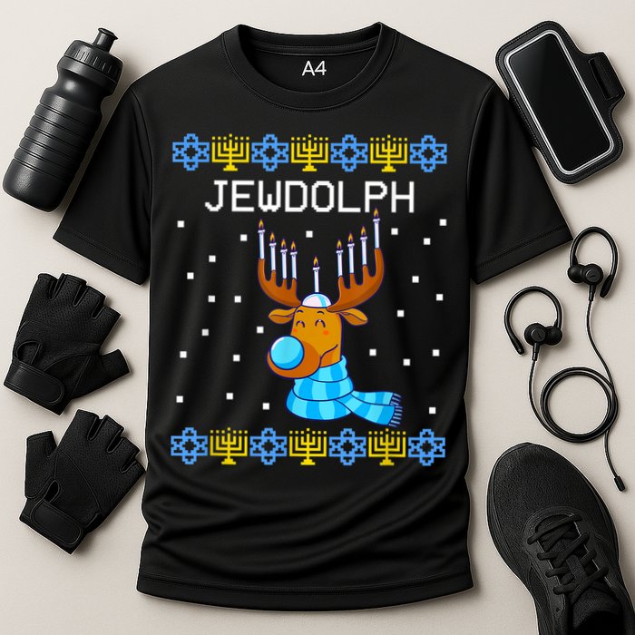 Jewdolph Ugly Hanukkah Sweater Reindeerorah Chanukah Cooling Performance Crew T-Shirt