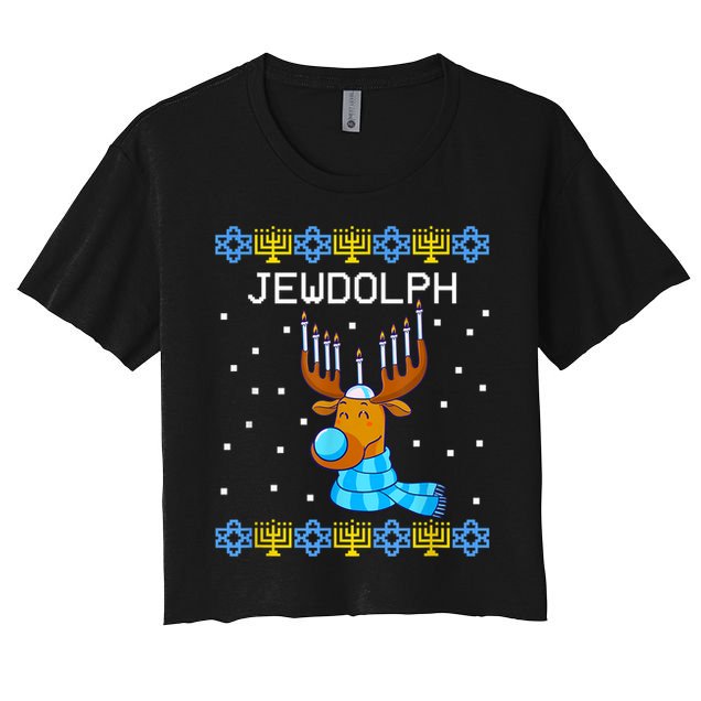 Jewdolph Ugly Hanukkah Sweater Reindeerorah Chanukah Women's Crop Top Tee