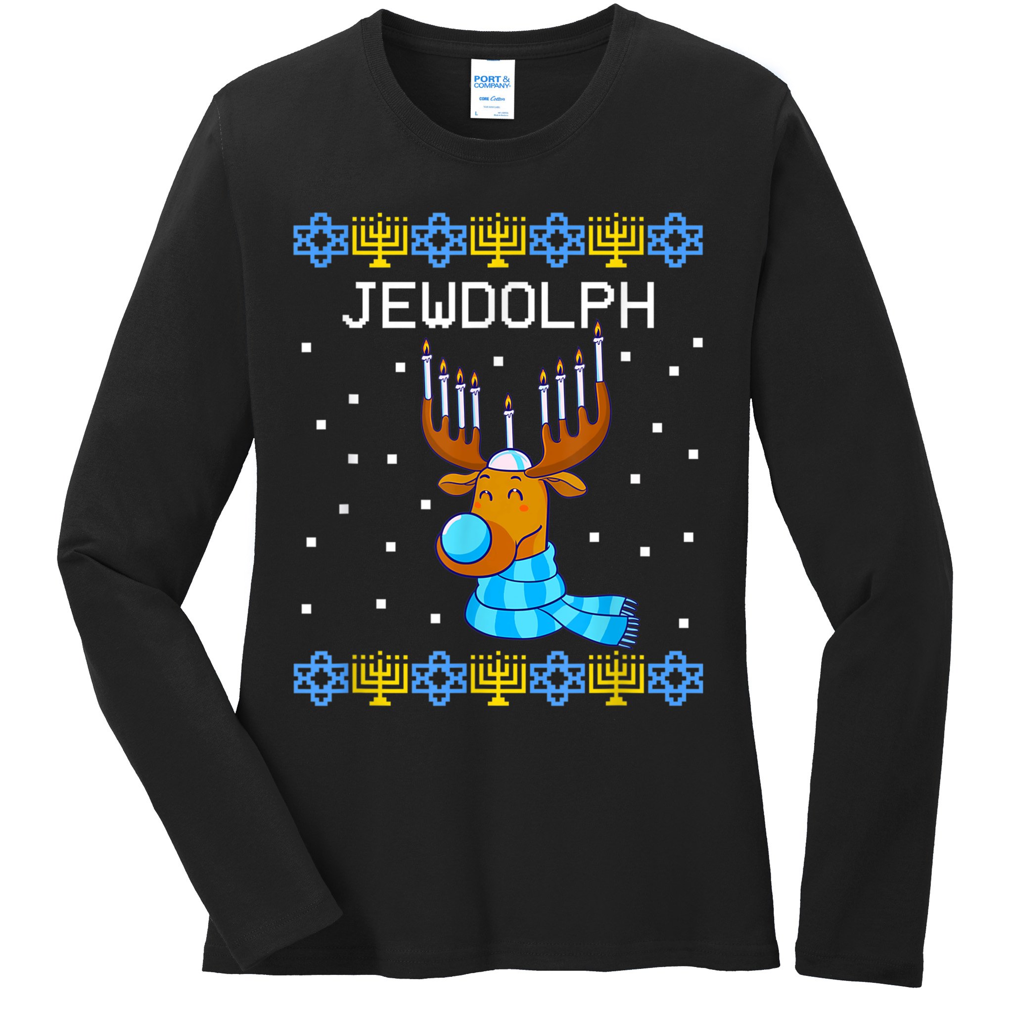 Jewdolph Ugly Hanukkah Sweater Reindeerorah Chanukah Ladies Long Sleeve Shirt