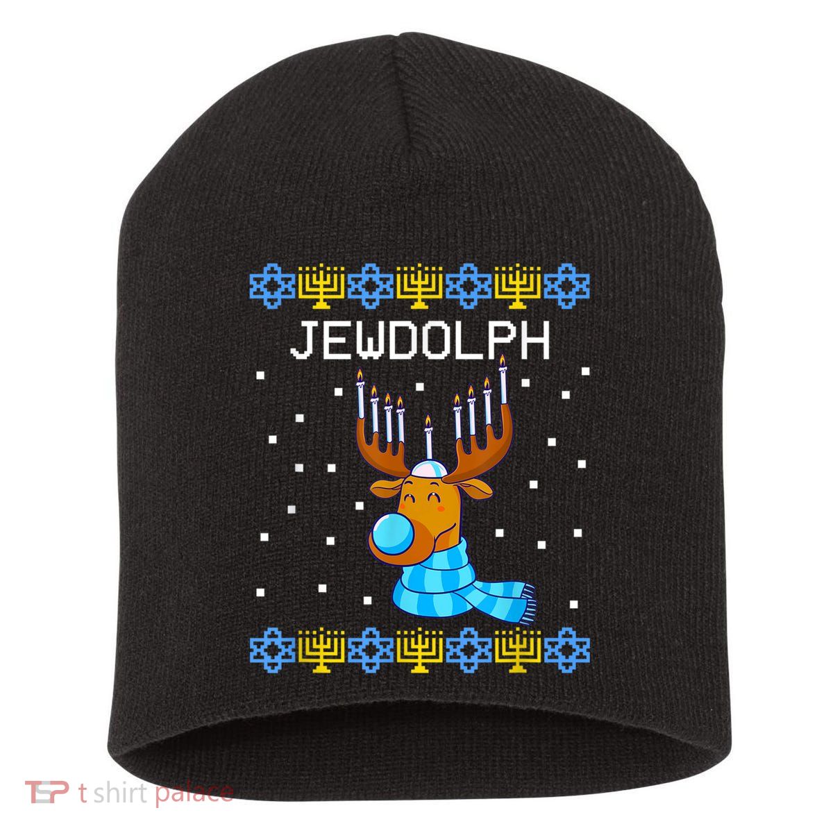 Jewdolph Ugly Hanukkah Sweater Reindeerorah Chanukah Short Acrylic Beanie