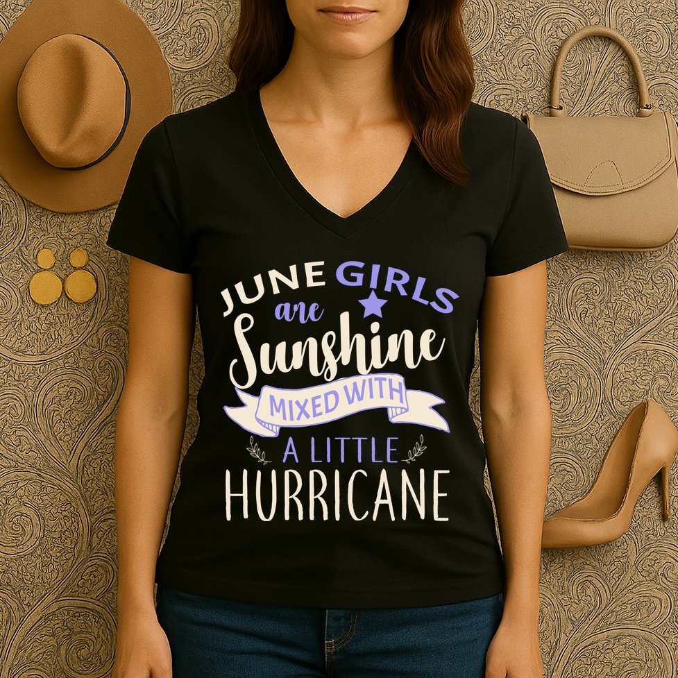 June Girls Are Sunshine Mixed With Hurricane Women's V-Neck T-Shirt