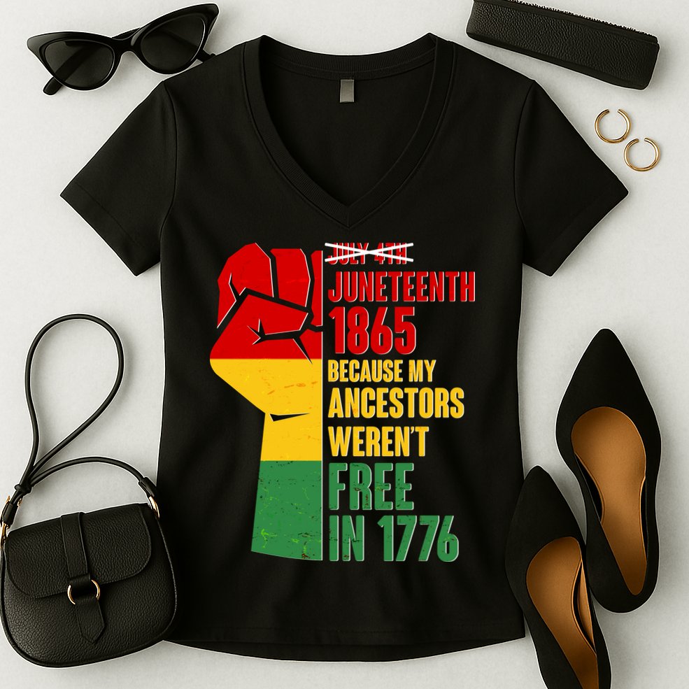 Juneteenth 1865 My Ancestors Weren't Free in 1776 Protest Fist Women's V-Neck T-Shirt