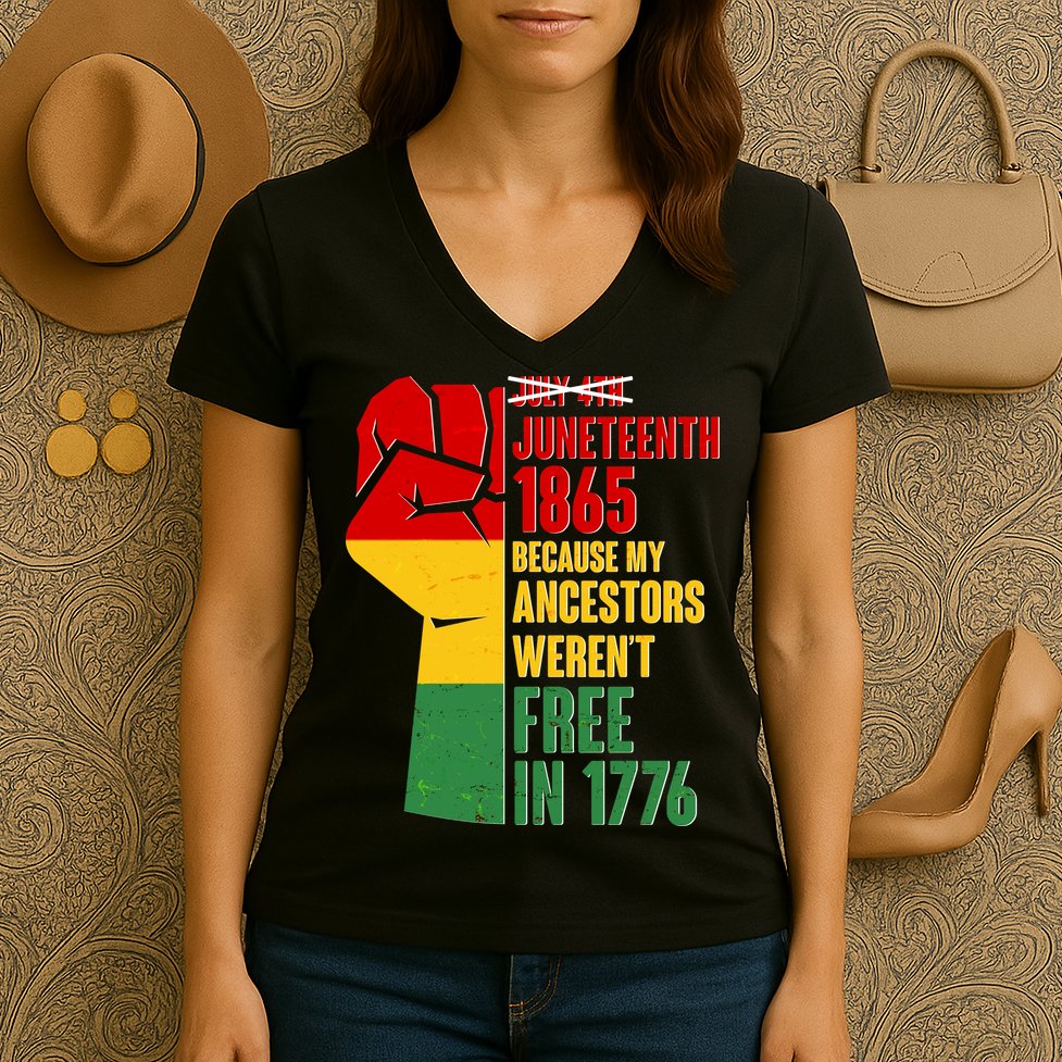 Juneteenth 1865 My Ancestors Weren't Free in 1776 Protest Fist Women's V-Neck T-Shirt