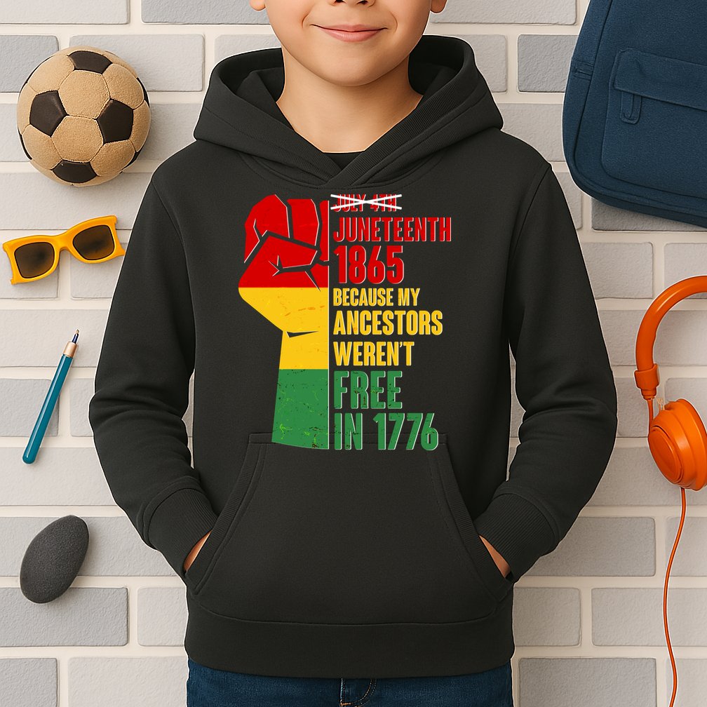 Juneteenth 1865 My Ancestors Weren't Free in 1776 Protest Fist Kids Hoodie