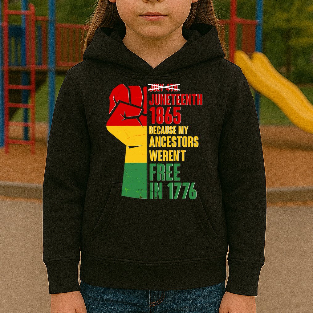 Juneteenth 1865 My Ancestors Weren't Free in 1776 Protest Fist Kids Hoodie
