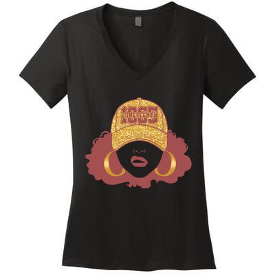 Juneteenth 1865 Stylish Black Woman Afro Baseball Cap Women's V-Neck T-Shirt