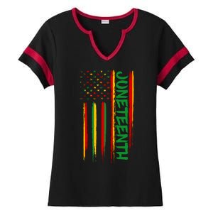 Juneteenth Red Gold Green USA Flag Ladies Halftime Notch Neck Tee