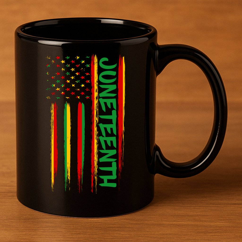 Juneteenth Red Gold Green USA Flag 11oz C Handle Ceramic Mug