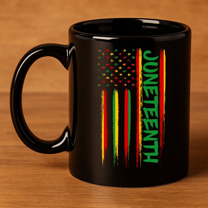 Juneteenth Red Gold Green USA Flag 11oz C Handle Ceramic Mug