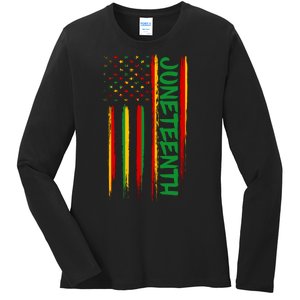 Juneteenth Red Gold Green USA Flag Ladies Long Sleeve Shirt