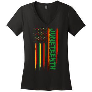 Juneteenth Red Gold Green USA Flag Women's V-Neck T-Shirt