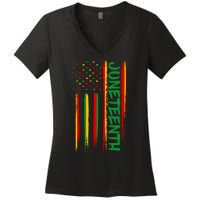 Juneteenth Red Gold Green USA Flag Women's V-Neck T-Shirt