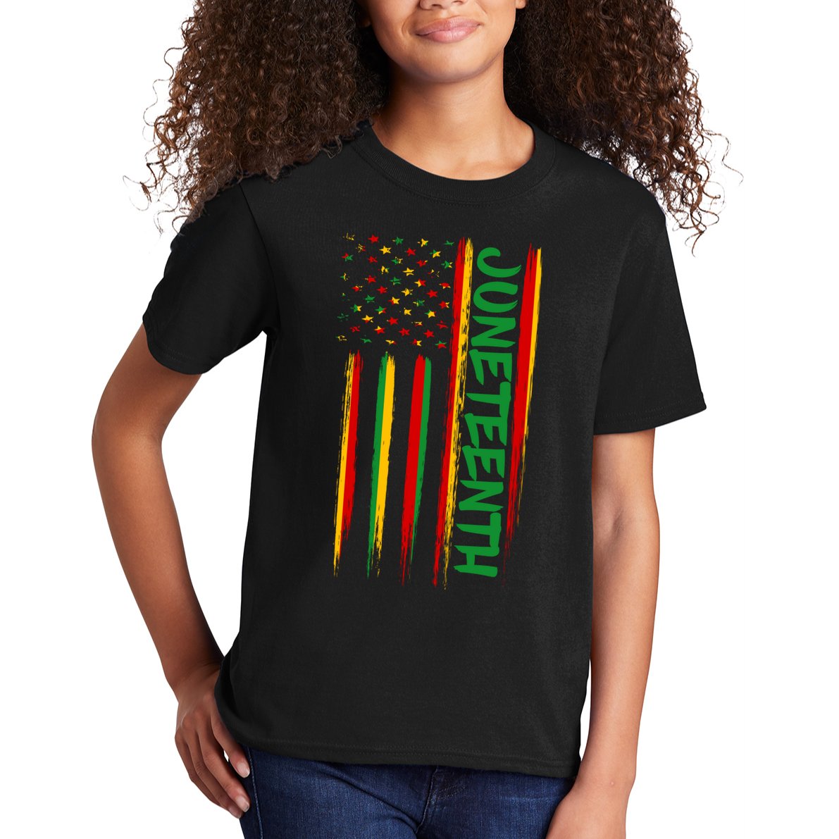Juneteenth Red Gold Green USA Flag Kids T-Shirt